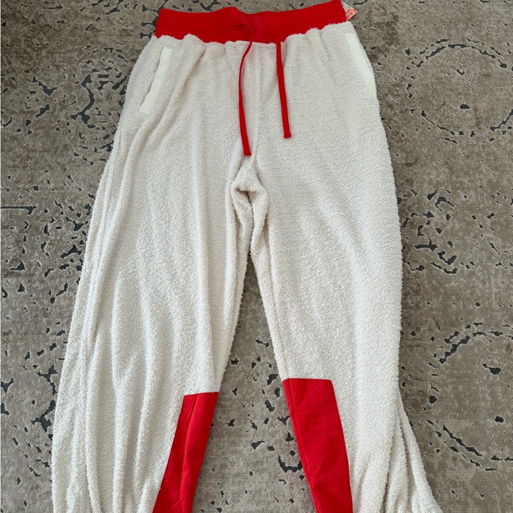 Free People Movement Cuddle Up Fleece Tie Waist Jogger Pants in Ivory & Orange